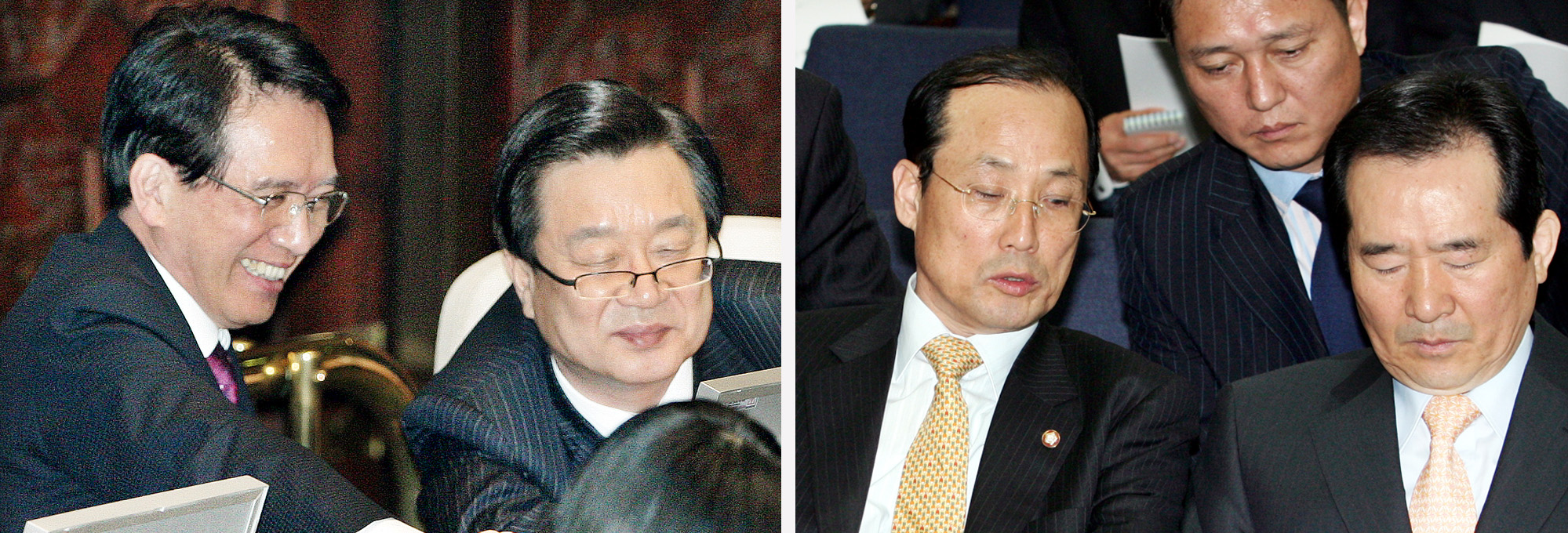 11일 5당과 1교섭단체 원내 대표단이 ‘임기 중 개헌발의 유보’를 제안한 뒤 열린 국회 본회의에서 원내 1·2당 지도부의 표정이 엇갈리고 있다. 왼쪽부터 한나라당 김형오 원내대표와 강재섭 대표, 열린우리당 장영달 원내대표, 최재성 대변인, 정세균 의장. 최해국기자 seaworld@seoul.co.kr