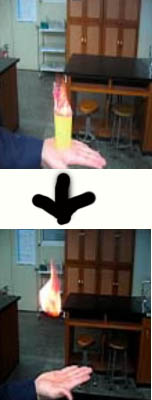 종이기둥을 태워 상승기류를 만들어 종이를 띄우고 있다.