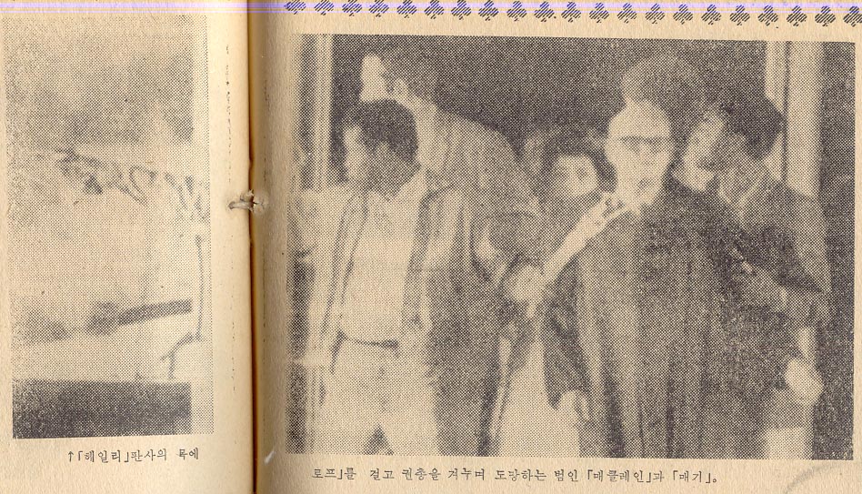 「헤일리」판사의 목에 「로프」를 걸고 권총을 겨누며 도망하는 범인 「매클레인」과 「매기」.