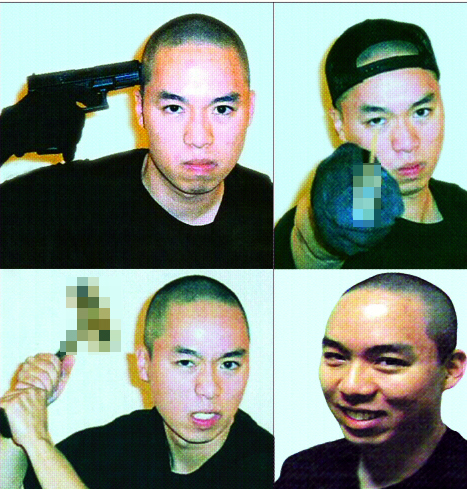미국 버지니아 공대 총기난사 참극의 범인 조승희씨가 NBC방송에 보낸 사진들.18일 공개된 사진들 속에서 조씨는 여러 흉기를 든 채 위협적인 동작을 취하고 있다. 미 NBC 제공