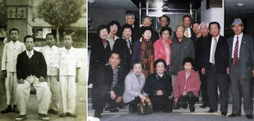 김두호(가운데)씨의 56년 전 모습(왼쪽 사진). 경북 예천 보문초등학교 앞에서 학생들과 함께했다. 오른쪽 사진은 지난해 김씨가 56년 만에 만난 제자들과 함께 서울 송파구 방이동 자택 앞에서 재회를 기념해 한자리에 모인 모습.