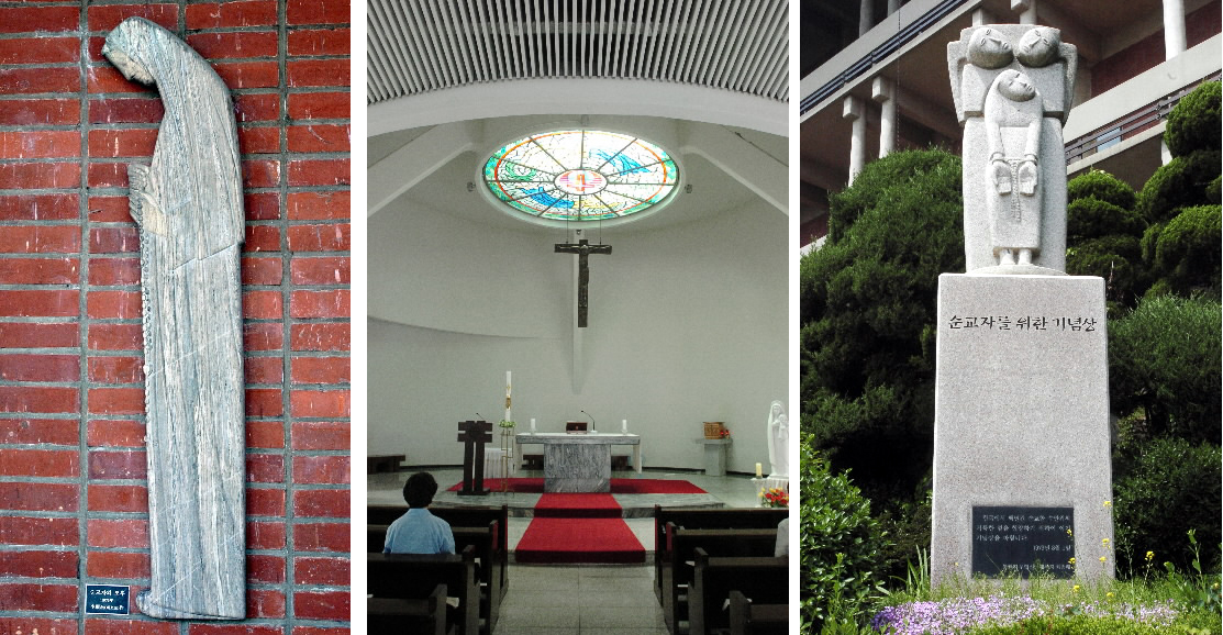 (1)박물관 외벽의 순교자 모후상. (2)순례성당 내부. 천정의 둥근 스테인드글라스를 통해 쏟아지는 빛이 공중에 걸린 십자가와 목에 칼을 쓴 순교자 형상의 해설대를 환히 비춘다. (3)순교기념관 정면에 세운 ‘순교자를 위한 기념상’.(왼쪽부터)