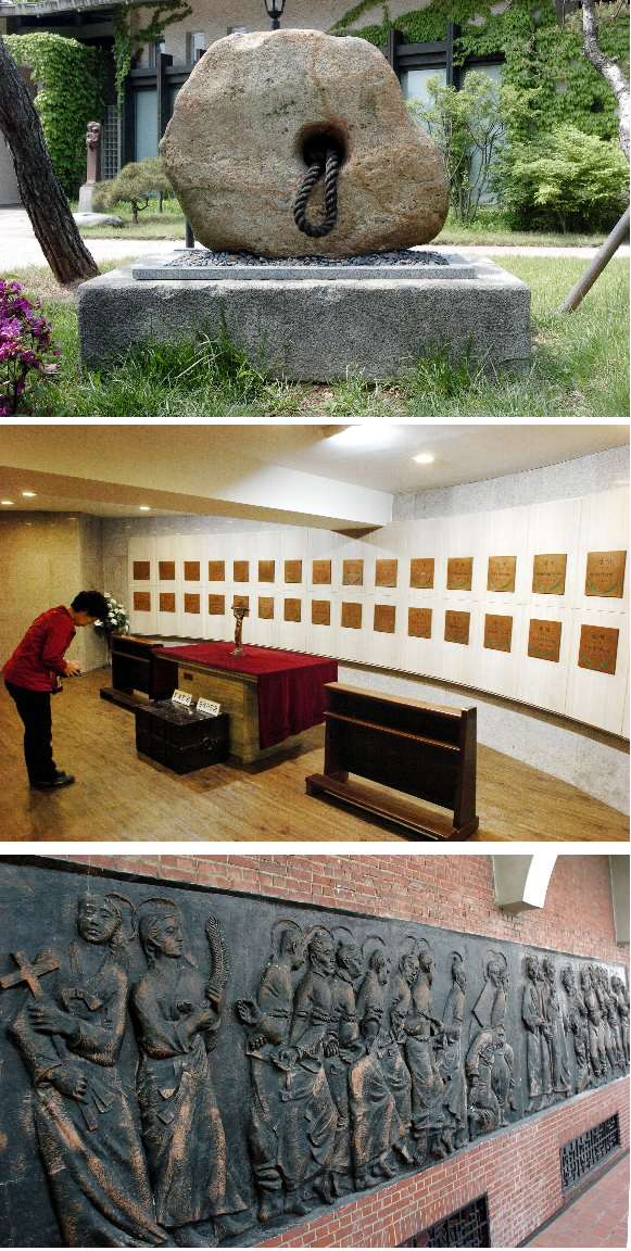 (4)성당 외벽에 설치한 순교자 26위 부조. (5)성당 지하의 성해실. 순교 성인 27위와 무명 순교자 1위의 유해가 봉안됐다. 교황 요한 바오로2세가 방한해 가장 먼저 찾은 곳이다. (6)순교기념관 앞 야외전시장의 형구돌. 앞 구멍에 머리를 대고 목에 밧줄을 건 뒤 뒷구멍에서 잡아당겨 질식시키는 교수형 집행기구이다.(위부터)