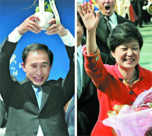 이명박 전 서울시장과 박근혜 전 대표가 11일 한나라당 대선후보 결정을 위한 경선후보로 공식등록,70일간의 ‘대혈전’에 돌입했다. 이(왼쪽) 전 시장과 박(오른쪽) 전 대표가 이날 서울 염창동 한나라당사에서 각각 경선출마를 선언한 뒤, 지지자들에게 환하게 웃으며 인사하고 있다. 최해국기자 seaworld@seoul.co.kr