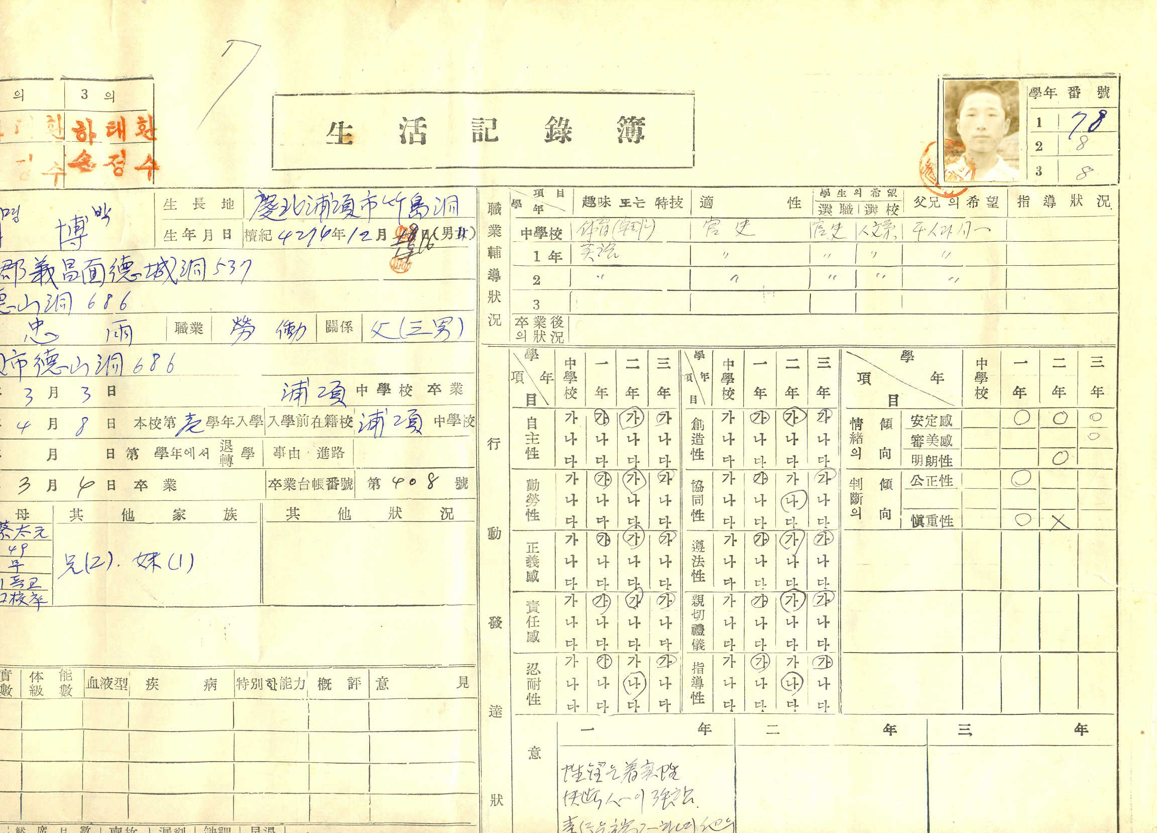 이명박 전 서울시장 고교 생활기록부 사본