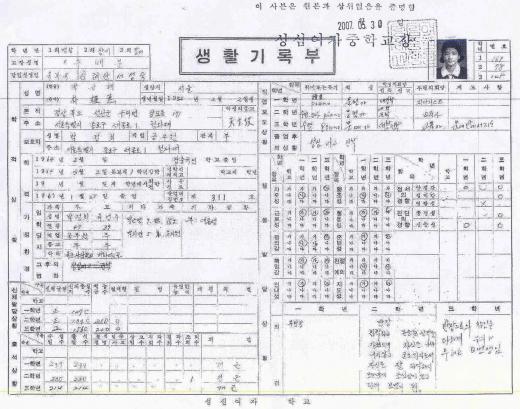 박근혜 전 한나라당 대표 중학교 생활기록부 사본