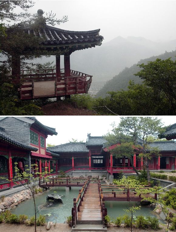 평강공주가 전사한 온달장군을 눈물로 떠나보낸 사모정(사진 위). 온달관광지 내 SBS드라마 연개소문 오픈 세트장(사진 아래).