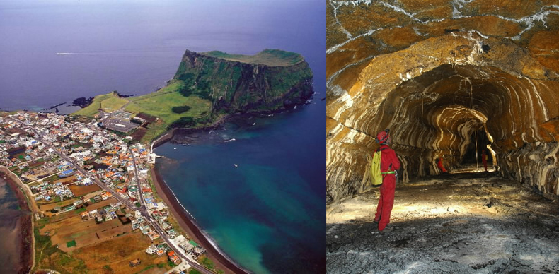 수성화산 폭발로 생긴 응회구인 성산일출봉(왼쪽)과 용암 분출로 생성된 용천동굴(오른쪽)의 모습. 제주도청 제공