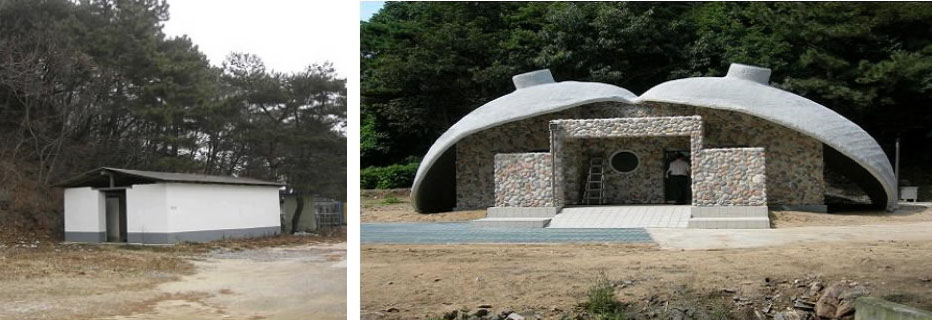 충남 태안군은 지난해 안면도 바람아래해수욕장에 위치한 흉물 같은 공중화장실을 헐어낸 뒤 돌담에 도자기 모양의 지붕을 얹은 산뜻한 모양으로 탈바꿈시켜 방문객들의 호응을 얻고 있다. 행정자치부 제공