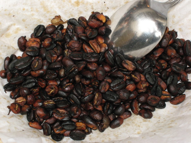 볶은 커피 원두. 주인은 볶은 커피를 바구니에 담아 초대된 손님들에게 돌리면서 향을 권하는데 자기 앞에 바구니가 오면 손을 자기 쪽으로 부채질하며 커피 향을 감상하면 된다.