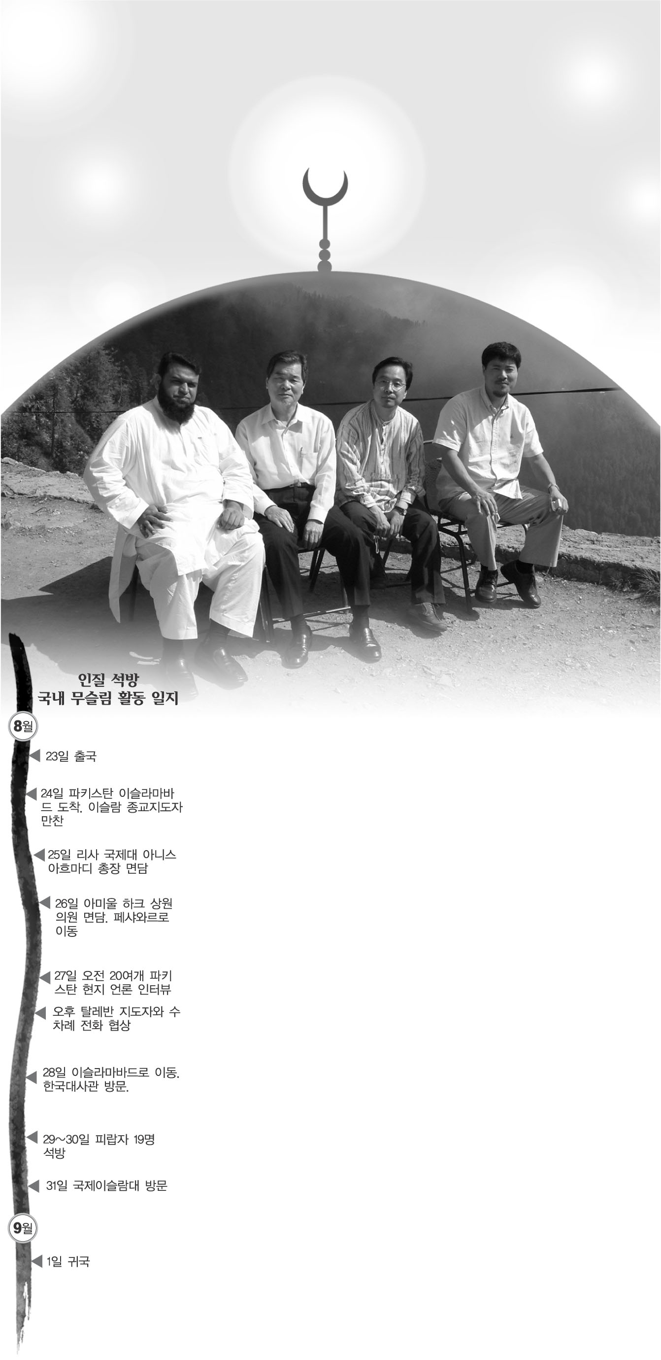 피랍자 석방을 위한 활동을 마친 뒤 귀국하기에 앞서 지난 1일 파키스탄 이슬라마바드 근교에서 찍은 사진. 왼쪽부터 줄피카르 알리 칸, 이행래 이맘, 이주화 선교국장, 정진수 선교위원.  한국이슬람중앙회 제공