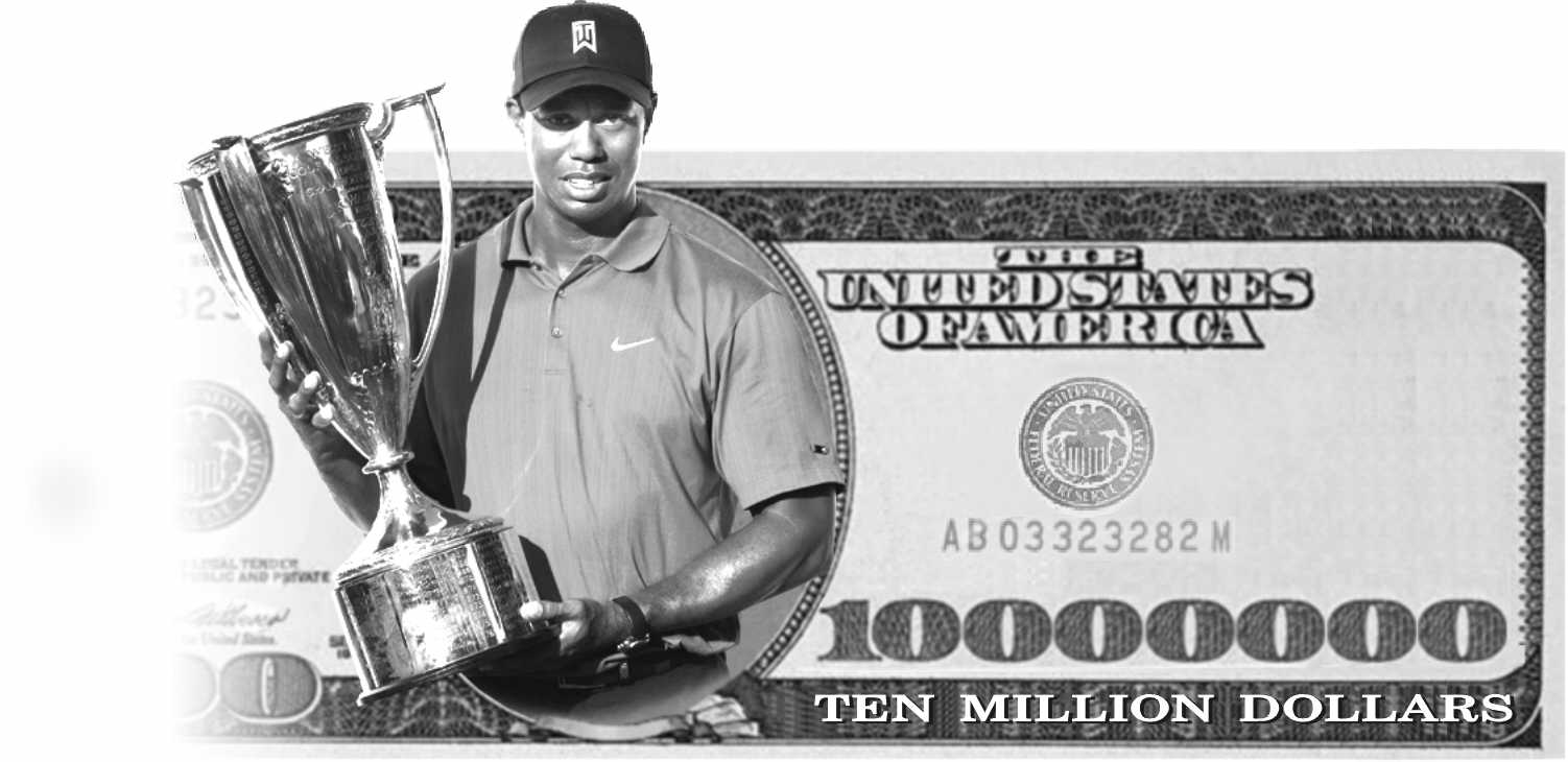 BMW챔피언십에서 우승한 타이거 우즈의 AP사진을 1000만달러 가상지폐 그림과 합성했다. 그래픽 강미란기자 mrkang@seoul.co.kr