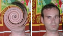 어린이 성추행범 비코가 성추행 사진을 인터넷에 올리면서 자신의 얼굴부분을 소용돌이 모습으로 처리한 것(왼쪽). 인터폴이 컴퓨터 전문가에게 의뢰해 복원한 비코의 모습(오른쪽). 인터폴 제공