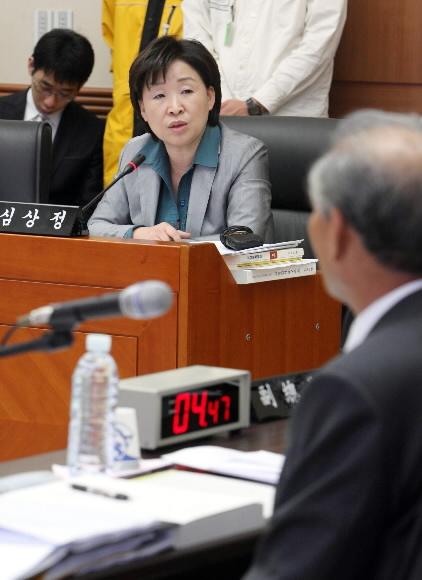 19일 한국은행에서 열린 국회 재정경제위원회 한국은행 국정감사에서 민주노동당 심상정 의원이 이성태 한은총재에게 질문을 하고 있다. 최해국기자 seaworld@seoul.co.kr