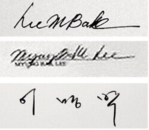 이명박 후보의 서울시장 시절 영문 사인(사진 위)과 김경준씨 부인 이보라씨가 21일 공개한 이면계약서 사본의 사인(가운데). 한글 사인(아래)은 21일 서울 국립현충원을 방문해 방명록에 기록한 것이다. 최해국기자 seaworld@seoul.co.kr