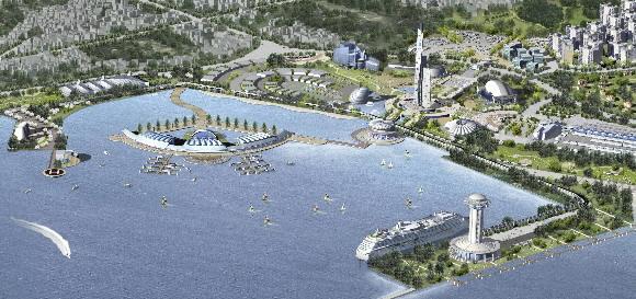 여기가 박람회장 여수 엑스포유치위원회가 파리 프레젠테이션에서 제시한 여수 신항 일대의 주요 시설 위치 조감도. 박람회장 등 구체적인 시설 위치 등은 국내외 공모를 통해 마련된다. 여수 엑스포유치위원회 제공