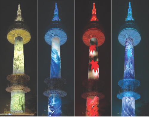 N-서울타워의 사계. 내년부터 조명을 이용해 봄에는 노랗게, 여름에는 푸르게, 가을에는 붉게, 겨울에는 하얗게 빛나는 야경을 계절별로 연출한다. 서울시 제공