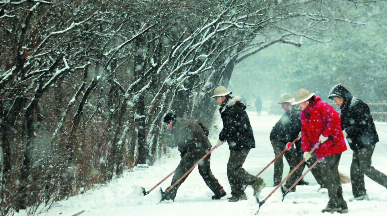 기습 폭설로 남산이 눈밭으로 변했다.11일 서울 남산공원관리사업소 직원들이 남산 산책로에 쌓인 눈이 얼어붙지 않도록 서둘러 치우고 있다. 도준석기자 pado@seoul.co.kr