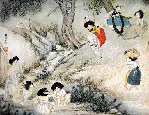 신윤복 ‘목욕하는 여인들’. 젊은 여인들이 젖가슴을 드러내놓고 목욕을 하고 있는 풍경이 사뭇 에로틱한 느낌을 자아낸다. 간송미술관 소장