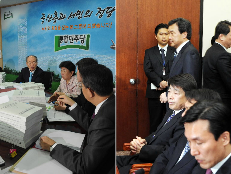 공심위·최고위 ‘엇갈린 표정’   통합민주당이 7일 1차 공천심사 결과 발표를 지연한 가운데 박재승(왼쪽사진 맨 왼쪽) 공천심사위원장이 서울 당산동 당사에서 공천 심사를 속개하고 있다. 통합민주당 손학규(오른쪽 사진 가운데) 대표가 이날 최고위원회의에 참석하기 위해 공천배제 대상인 신계륜 사무총장과 김민석 전 의원 옆을 지나가고 있다. 김명국 이호정기자 daunso@seoul.co.kr
