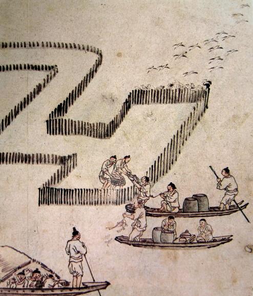 김홍도의 그림 ‘어살’. 물고기를 잡기 위해 물 속에 나무를 세워 고기를 들게 하는 울을 어살 또는 어전(漁箭)이라고 한다. 국립중앙박물관 소장