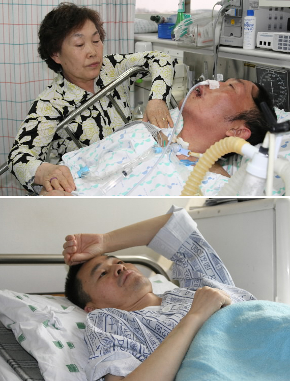 한국인 직장동료에게 폭행당해 수원 아주대 병원에서 3개월째 깨어나지 못하고 있는 중국동포 정근학(사진 위)씨를 14일 정씨 어머니가 애처롭게 바라보고 있다. 농장주에게 폭행당한 김은남(아래)씨도 서울 가리봉동 외국인노동자 전용의원에 누워 있다.