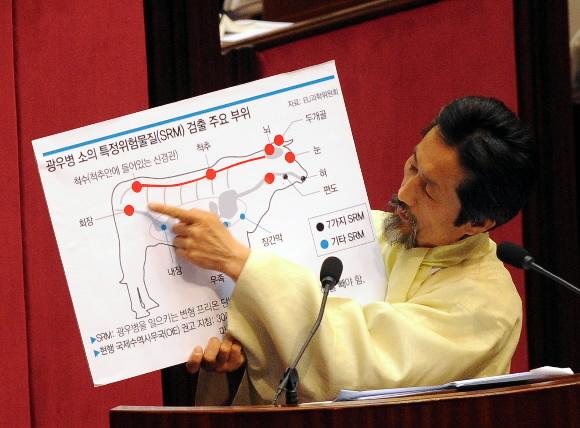 민주노동당 강기갑 의원이 8일 국회 본회의에서 ‘광우병 소의 특정위험물질(SRM) 검출 부위’라는 도면을 들어 보이며 대정부 질의를 하고 있다. 김명국기자 daunso@seoul.co.kr
