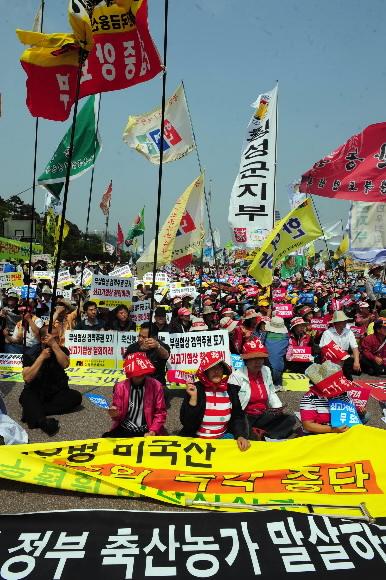 전국에서 상경한 농민 1만여명이 22일 서울 여의도 문화공원에서 미국산 쇠고기 수입 및 한·미 자유무역협정(FTA) 비준에 반대하는 집회를 갖고 있다. 도준석기자 pado@seoul.co.kr