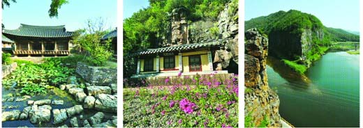 보길도의 부용원, 담양의 소쇄원과 더불어 한국 3대 정원으로 꼽히는 경북 영양군 서석지(사진 왼쪽). 삼지들녘이 한눈에 들어오는 곳에 자리잡은 연대암(가운데), 영양군의 상징으로 꼽히는 선바위와 남이포(오른쪽).