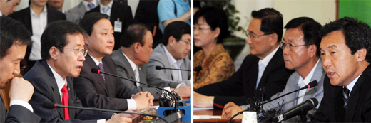 여야가 20일 쇠고기 정국과 관련한 논의를 하고 있다. 왼쪽사진에는 한나라당 홍준표(왼쪽 두번째) 원내대표가 주요당직자회의를  주재하고 있고 오른쪽 사진에는 통합민주당 손학규(오른쪽 첫번째) 대표가 최고위원회의를 열고 있다. 김명국기자 daunso@seoul.co.kr