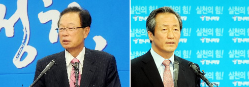 치열한 당권 경쟁에 나선 한나라당 박희태(왼쪽) 전 의원과 정몽준(오른쪽) 의원이 7월3일 전당대회를 열흘 앞둔 22일 여의도 당사에서 각각 출마 기자회견을 갖고 있다. 김명국기자 daunso@seoul.co.kr