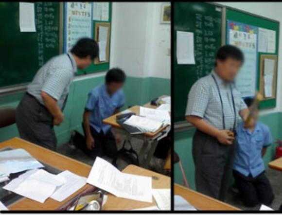 서울의 한 고교 교사가 촛불집회에 참여해 자유발언을 했다는 이유로 수업시간중 학생을 체벌하는 모습의 동영상. 동영상은 체벌 당시 같은 반 학생이 찍은 것으로 알려졌다. 1318바이러스 제공