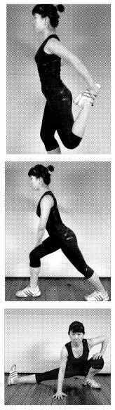 # <B>한발 뒤로 접어 당기기</B> 1. 벽을 짚고 바르게 선 자세에서 한쪽 다리에 중심을 둔다. 2. 반대쪽 다리의 발목을 잡아 엉덩이 쪽으로 당기고 허벅지 앞쪽을 스트레칭한다.   # <B>다리 사선으로 뻗기</B> 1. 벽을 짚고 바르게 선 자세에서 앞발을 축으로 뒷다리를 뻗는다. 2. 뒤꿈치를 바닥에 대고 복부에 힘을 줘 머리에서 뒤꿈치까지 휘지 않게 사선을 만든다.  # <B>앉아서 한쪽다리 뻗기</B> 1. 척추를 세우고 바른 자세로 양 무릎을 접어 앉는다. 2. 한손으로 바닥을 짚어 중심을 분산시키면서 한쪽 다리를 뻗어 허벅지 안쪽을 늘인다.(위에서부터)  FIA(국제피트니스협회) 회장 