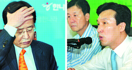 여야가 김귀환 서울시의회 의장의 뇌물수수 사건을 놓고 치열한 공방을 벌이고 있다. 오른쪽 사진은 김민석(오른쪽 첫번째) 민주당 최고위원이 23일 최고위원회의에서 사법당국의 철저한 수사를 촉구하는 모습. 왼쪽은 김 의장으로부터 후원금을 받은 것으로 알려진 홍준표 한나라당 원내대표가 최고위원회의에서 머리카락을 쓰다듬으며 심각한 표정을 짓고 있다. 김명국기자 daunso@seoul.co.kr