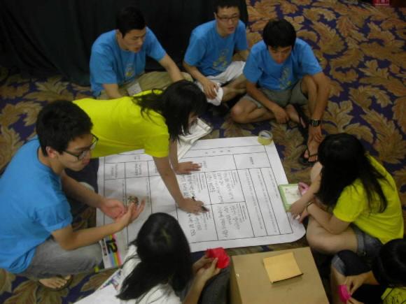 한국청년정책연구원이 13일 서울 송파구 올림픽파크텔에서 연 ‘남북 청소년 비즈니스 체험 캠프’에 참가한 남북 청소년들이 머리를 맞대고 소비자 설문조사서를 작성하고 있다.