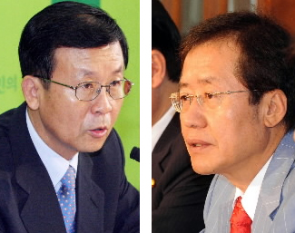 한나라당 홍준표(오른쪽)·민주당 원혜영 원내대표가 검찰의 사전 구속영장이 청구된 민주당 김재윤 의원의 체포동의안 국회 처리와 관련해 상반된 입장을 밝히고 있다. 김명국기자 daunso@seoul.co.kr