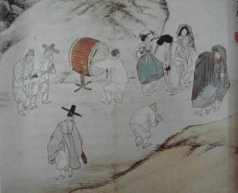 신윤복 ‘법고’(그림1).법고와 꽹과리,목탁을 치는 사람들이 모두 승복을 입지 않고 있는 점이 눈에 띈다.   간송미술관 소장.