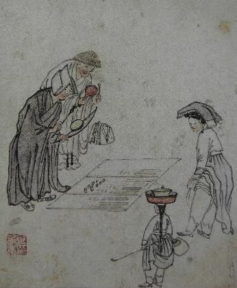 김홍도 ‘모연’(그림3).모연문(募緣文)을 펴놓고 방울을 울리면서 염불을 하면 사람들은 다투어 돈을 던진다.     국립중앙박물관 소장.