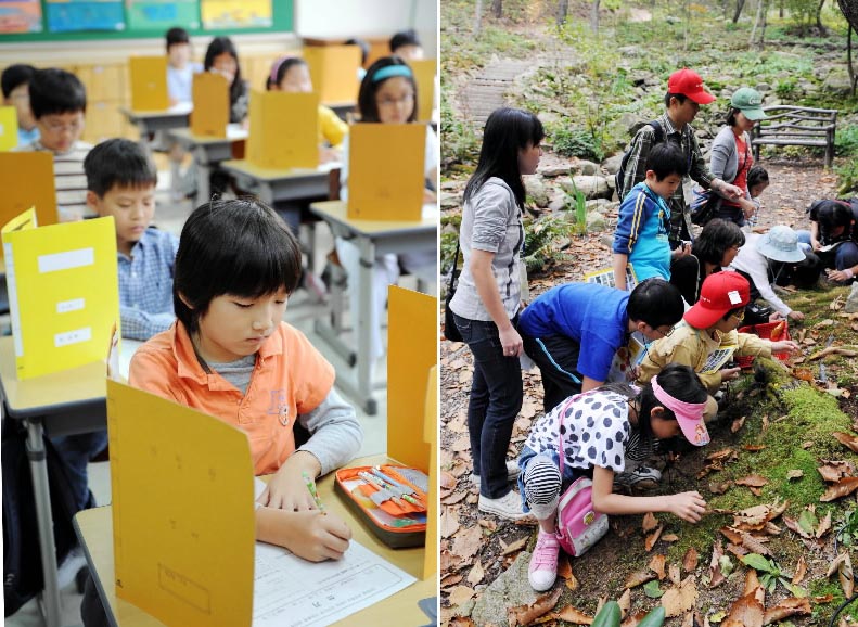 초등학교 3학년생을 대상으로 한 국가수준 기초학력 진단평가(일제고사)가 실시된 8일 서울 서대문구 충정로 미동초등학교 학생들이 가림막 사이에서 시험을 치르고 있다(사진 왼쪽). 반면 일제고사를 거부한 학생과 학부모들은 경기 포천시 평강식물원을 찾아 체험학습을 하고 있다(오른쪽). 안주영기자 jya@seoul.co.kr