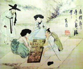 그림(2) 신윤복 ‘쌍륙’. 쌍륙은 원래 서역지방에서 만들어져 중국을 거쳐 한반도로 전래됐다. 간송미술관 소장