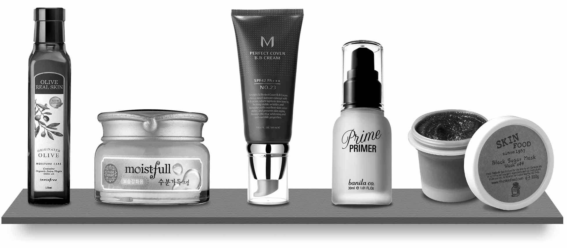 왼쪽부터 이니스프리 올리브 리얼 스킨. 에뛰드하우스 수분 가득 크림.미샤 M퍼펙트비비크림.바닐라코 프라임 프라이머.스킨푸드 블랙슈가 마스크 워시 오프.