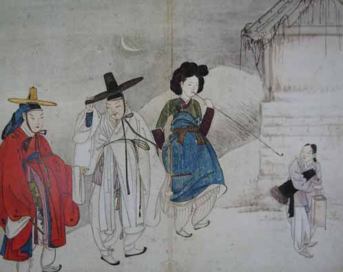 (그림1) 혜원 신윤복의 ‘밤길’.왼쪽의 붉은 옷을 입은 사람을 순라군으로 보는 사람도 있으나,기방의 운영자였던 대전별감이다. 간송미술관 소장