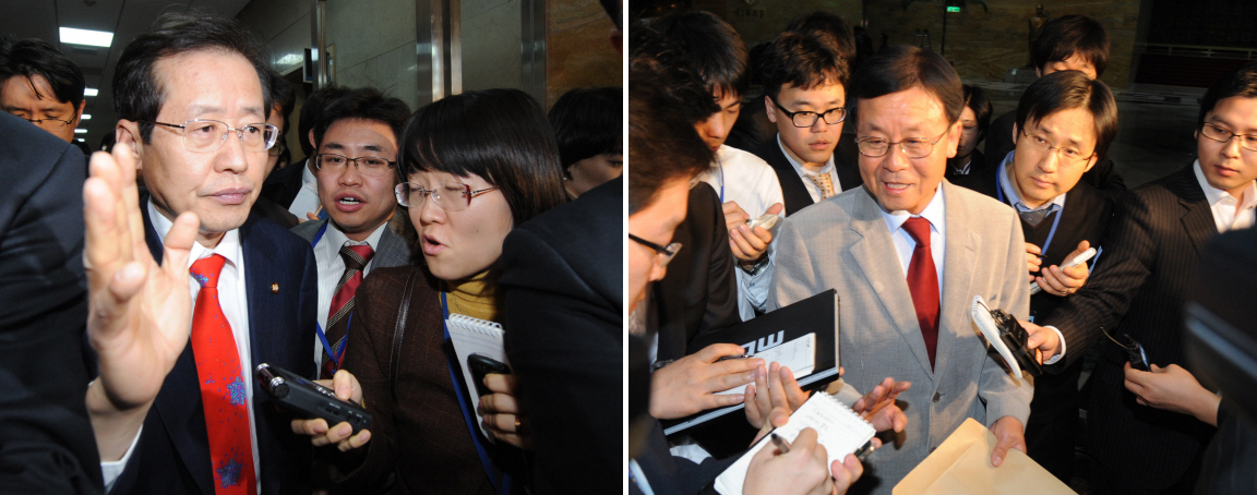 5일 김형오 국회의장의 중재로 열린 3개 교섭단체 원내대표 회담이 결렬된 뒤 한나라당 홍준표(왼쪽)·민주당 원혜영 원내대표가 회담장인 국회의장실을 나오면서 기자들의 질문에 답하고 있다. 안주영기자 jya@seoul.co.kr