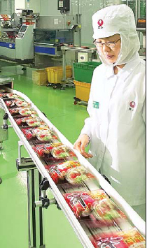 농심 구미공장의 직원이 신라면 생산 과정을 지켜보고 있다. 농심 제공 