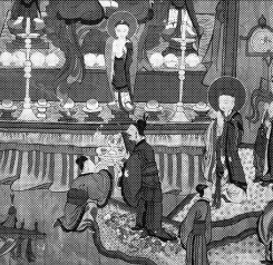 경남 양산 통도사 용화전에서 확인된 ‘서유기’ 벽화의 한 장면. 당 태종이 승려들을 초청한 가운데 수륙재를 주관할 고승으로 현장법사를 뽑는 의식을 치르는 장면을 그렸다. 성보문화재연구원 제공