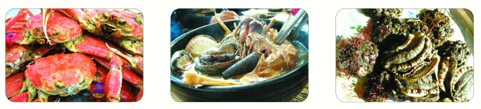 왼쪽부터 살이 야물게 들어 찬 영덕 박달대게, 어지간한 보양식 뺨치는 울진 해천탕, 해녀 손에 이끌려 뭍으로 나온 경주 감포의 자연산 전복