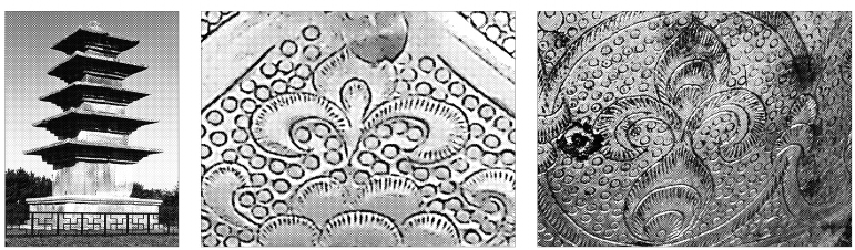 익산 왕궁리 오층석탑(왼쪽)을 1965년 해체 수리하는 과정에서 나온 금제 사리함 뚜껑의 문양(가운데)과 최근 익산 금마면 미륵사터 석탑을 해체하면서 출토된 금제 사리호의 문양(오른쪽)이 거의 똑같이 닮아 있다. 　서울신문 포토라이브러리