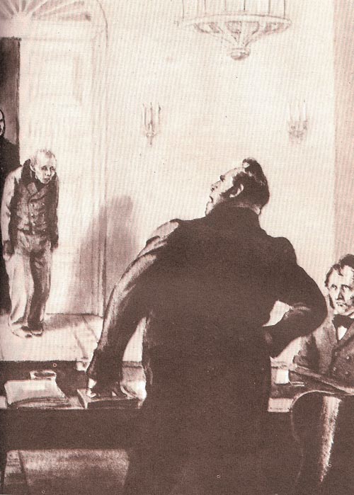 <외투>에서 하급관리 아카키가 고관에게 박대당하는 장면을 그린 삽화