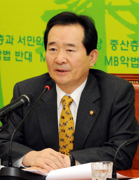 민주당 정세균 대표가 12일 국회에서 열린 고위정책·중진 연석회의에서 “특검 도입으로 용산참사의 진상을 밝혀야 한다.”고 말하고 있다. 김명국기자 daunso@seoul.co.kr