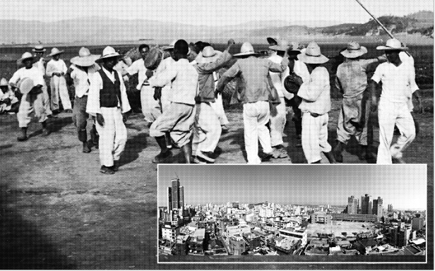 상전벽해(桑田碧海)가 여기서 나온 말인가 보다. 70년 남짓의 시간은 너른 들판을 배경으로 한 ‘경남 울산읍 달리’의 타작마당(큰 사진)을 흔적도 없이 지워 버리고, 콘크리트 건물 숲이 빽빽한 ‘울산광역시 남구 달동’(작은 사진)으로 탈바꿈시켰다.   국립민속박물관 제공